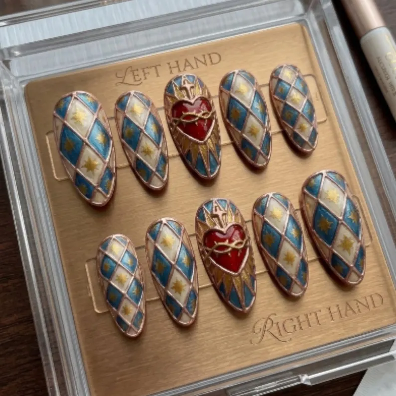 press on nails, harlequin star, custom press on nails, fake nails, Nails Art, stained glass nails, gold press on nails, 3d press on nails, luxury press on nails, handmade press on nails