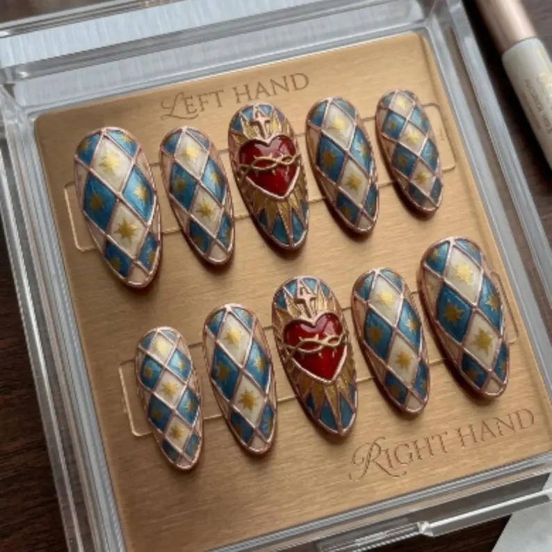 sacred heart nails, stained glass nails, press on nails, custom press on nails, fake nails, Nails Art, gold press on nails, 3d press on nails, luxury press on nails, handmade press on nails