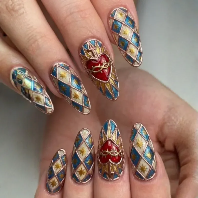 press on nails, harlequin star, custom press on nails, fake nails, Nails Art, stained glass nails, gold press on nails, 3d press on nails, luxury press on nails, handmade press on nails