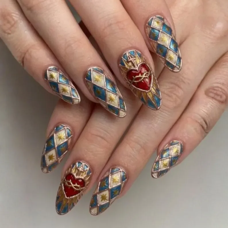 sacred heart nails, stained glass nails, press on nails, custom press on nails, fake nails, Nails Art, gold press on nails, 3d press on nails, luxury press on nails, handmade press on nails