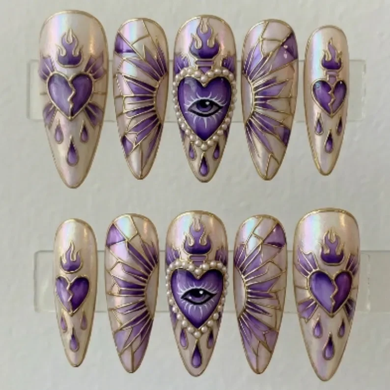 sacred heart nails, stained glass nails, press on nails, custom press on nails, fake nails, Nails Art, gold press on nails, 3d press on nails, luxury press on nails, handmade press on nails
