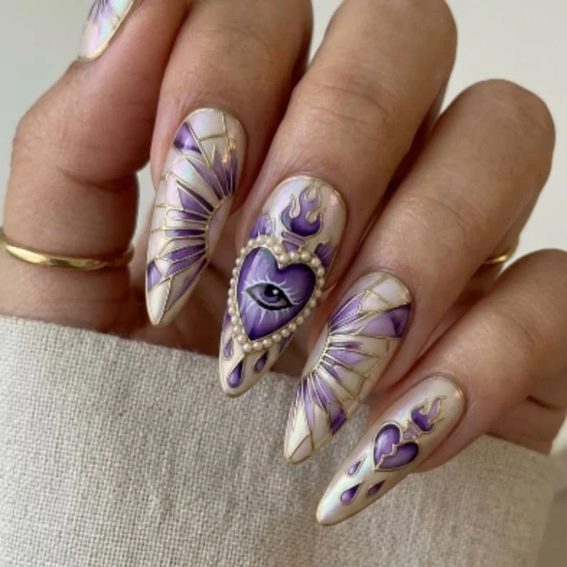 press on nails, purple gothic nails, custom press on nails, fake nails, Nails Art, stained glass nails, gold press on nails, 3d press on nails, luxury press on nails, handmade press on nails