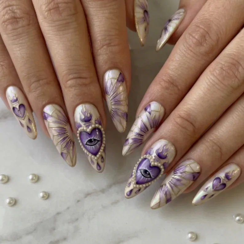 pearl eye art, gothic pearl, press on nails, custom press on nails, fake nails, Nails Art, stained glass nails, gold press on nails, 3d press on nails, luxury press on nails, handmade press on nails