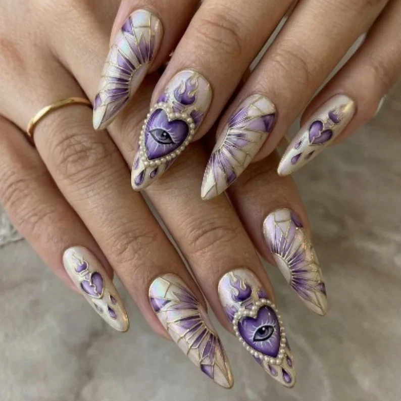 eye motif nails, stained glass design, press on nails, custom press on nails, fake nails, Nails Art, stained glass nails, gold press on nails, 3d press on nails, luxury press on nails, handmade press on nails