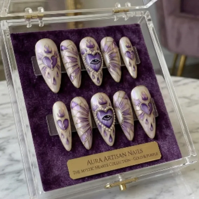 sacred heart nails, stained glass nails, press on nails, custom press on nails, fake nails, Nails Art, gold press on nails, 3d press on nails, luxury press on nails, handmade press on nails