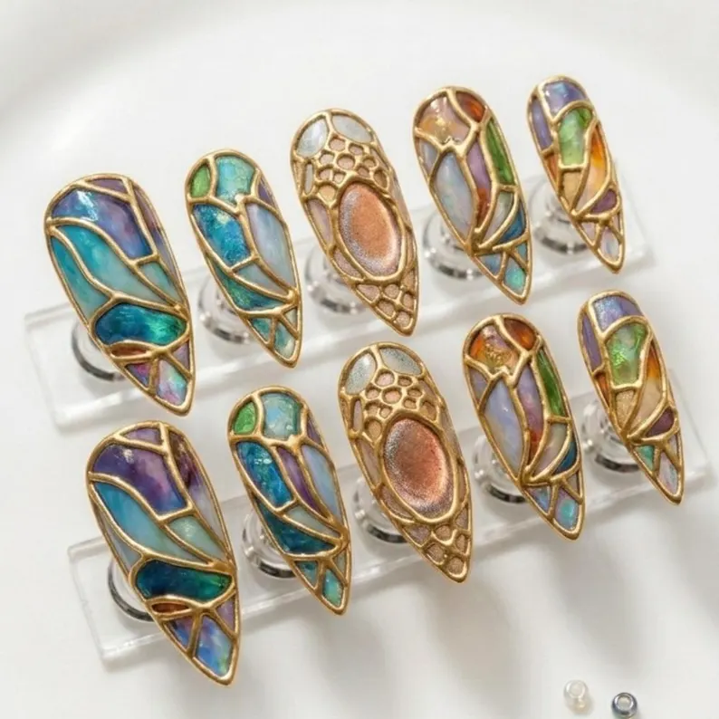 Sacred Lotus Press, On Nails, press on nails, custom press on nails, fake nails, Nails Art, stained glass nails, gold press on nails, 3d press on nails, luxury press on nails, handmade press on nails