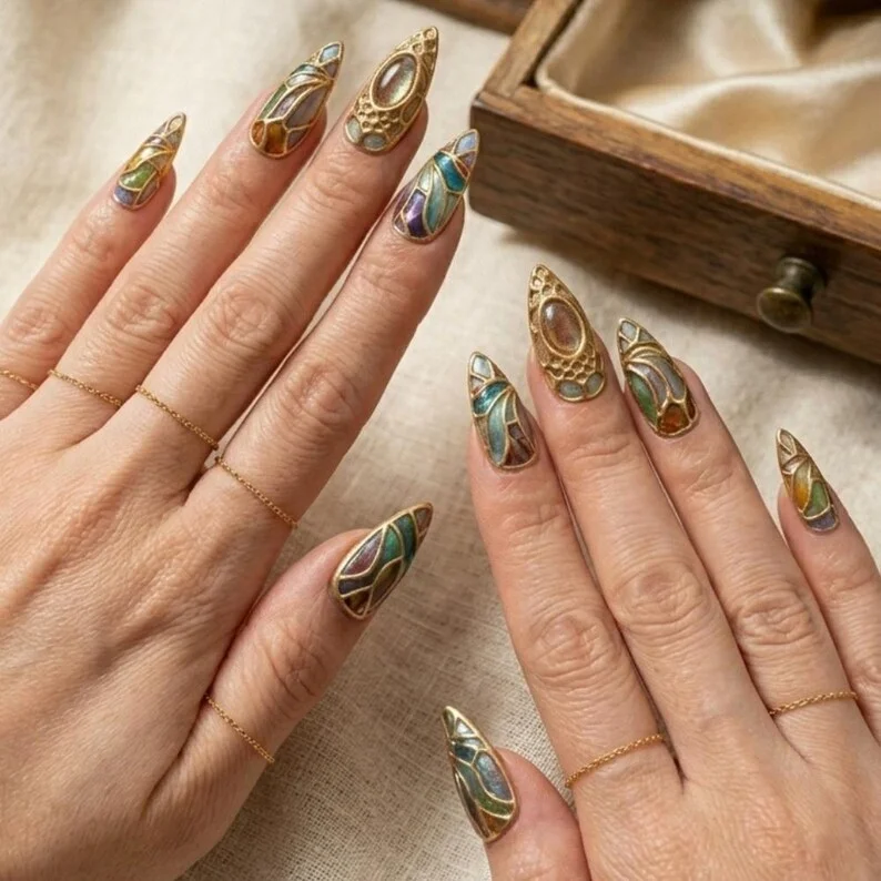 Gold Filigree, Opal Design, press on nails, custom press on nails, fake nails, Nails Art, stained glass nails, gold press on nails, 3d press on nails, luxury press on nails, handmade press on nails