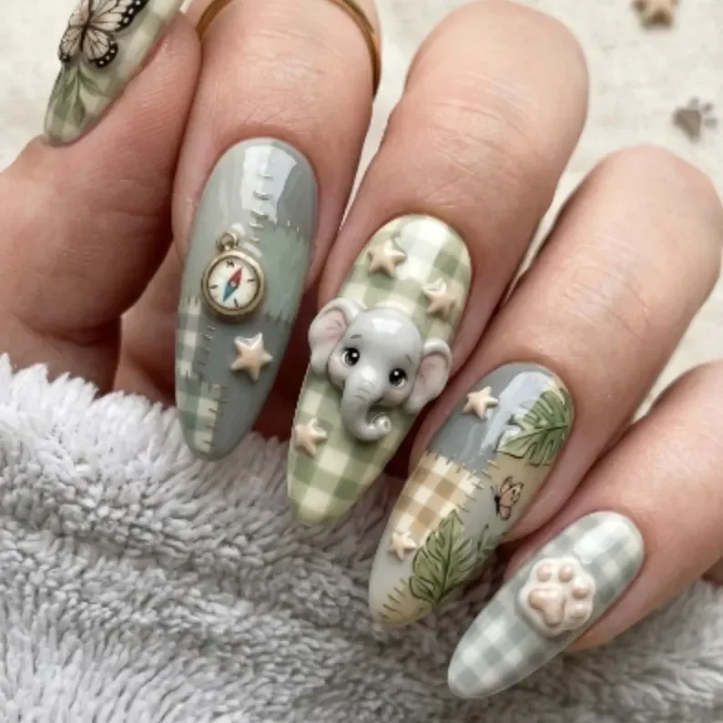 safari expedition, patchwork nails, press on nails, custom press on nails, fake nails, Nails Art, stained glass nails, gold press on nails, 3d press on nails, luxury press on nails, handmade press on nails