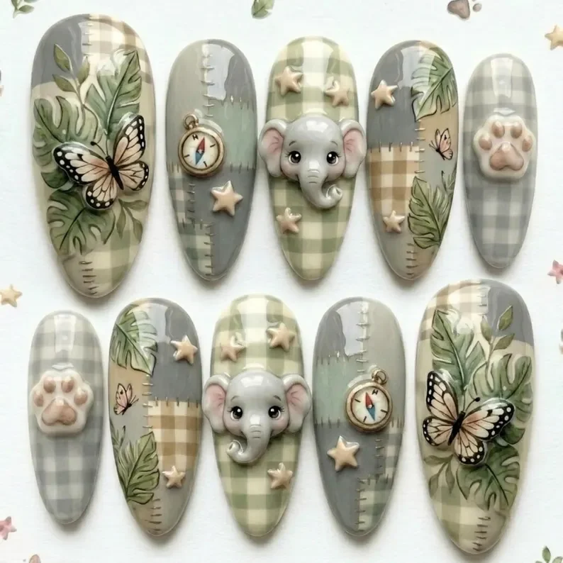 3D hand-painted, elephant press on, press on nails, custom press on nails, fake nails, Nails Art, stained glass nails, gold press on nails, 3d press on nails, luxury press on nails, handmade press on nails
