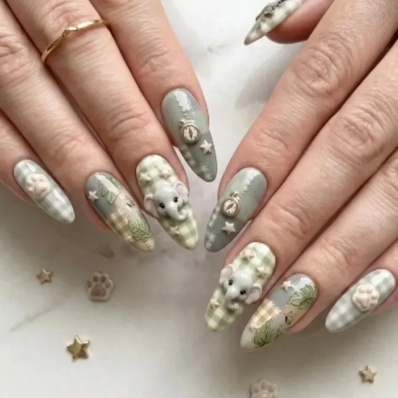 sage green, jungle explorer, press on nails, custom press on nails, fake nails, Nails Art, stained glass nails, gold press on nails, 3d press on nails, luxury press on nails, handmade press on nails