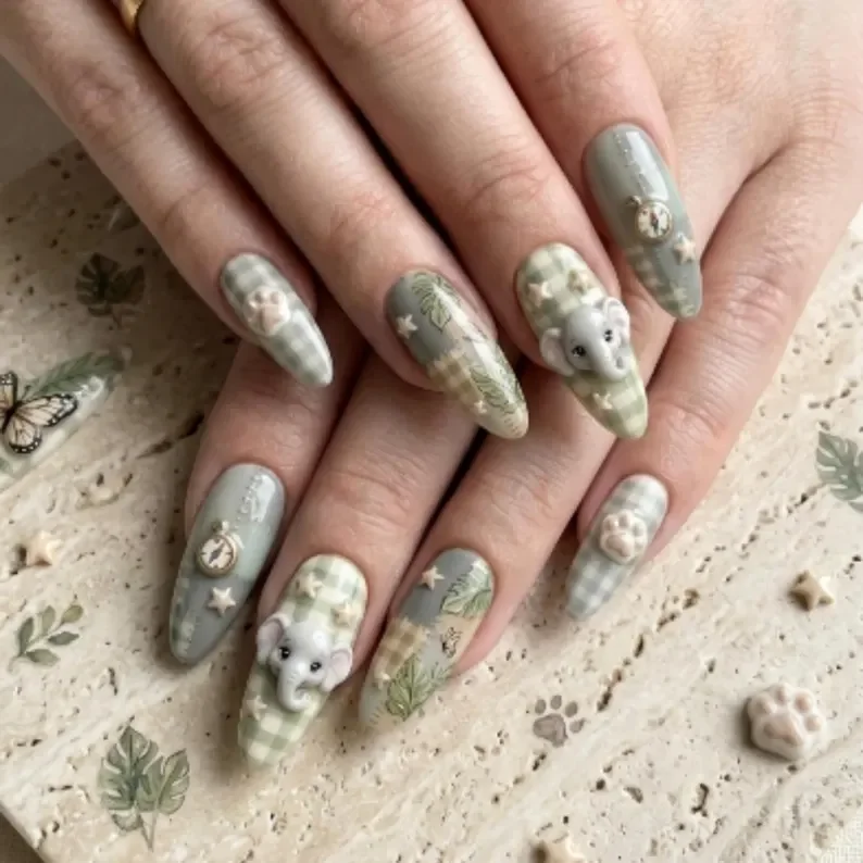 press on nails, hand-painted elephant, custom press on nails, fake nails, Nails Art, stained glass nails, gold press on nails, 3d press on nails, luxury press on nails, handmade press on nails