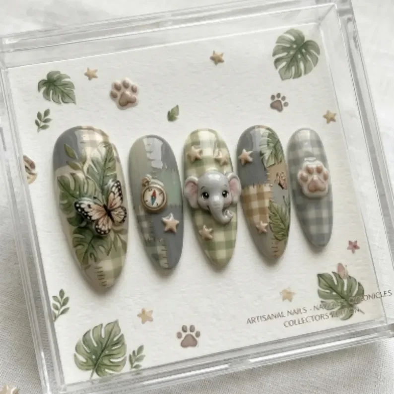 explorer set, safari expedition, press on nails, custom press on nails, fake nails, Nails Art, stained glass nails, gold press on nails, 3d press on nails, luxury press on nails, handmade press on nails