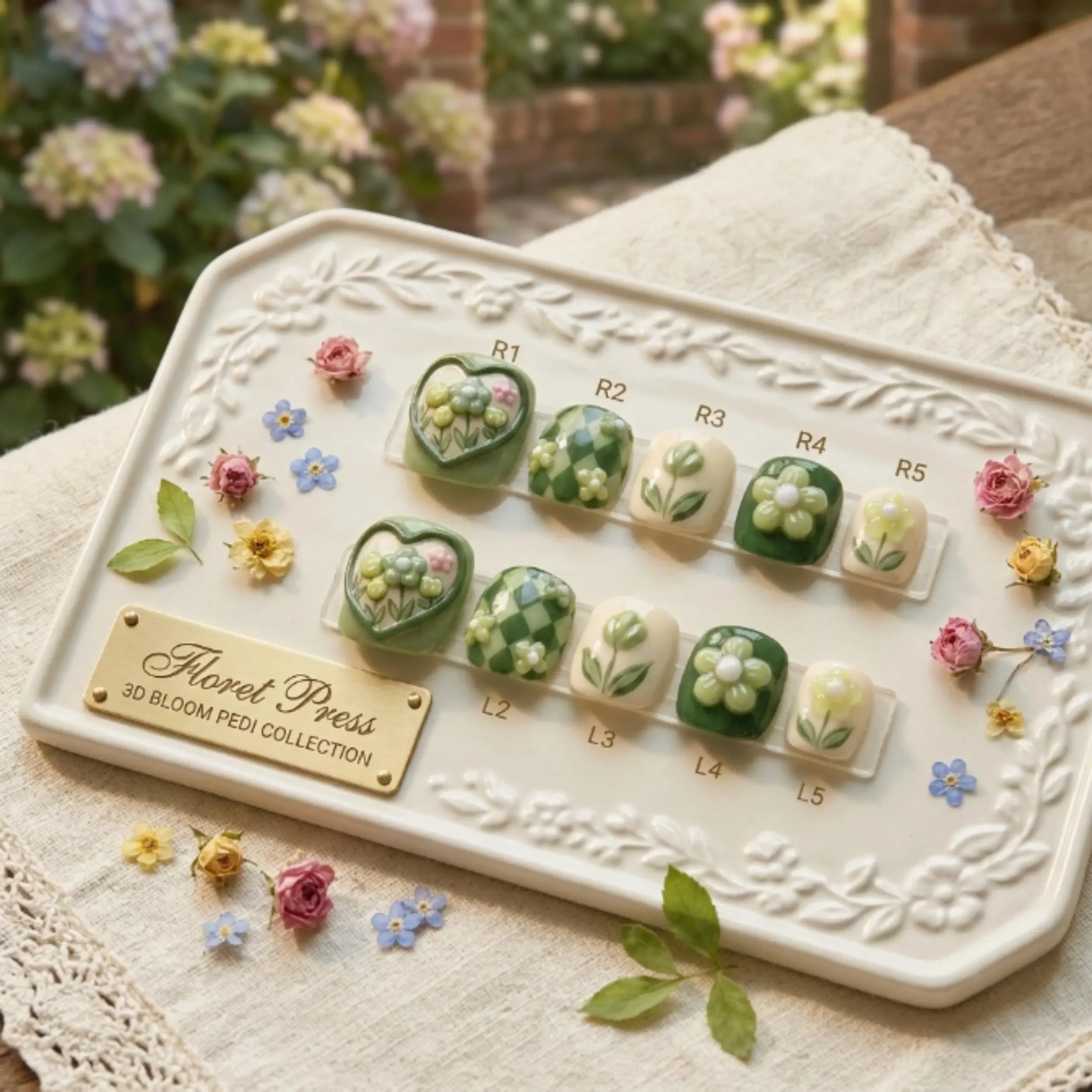 Sage Garden Bloom, Hand-Painted 3D, press on nails, custom press on nails, fake nails, Nails Art, stained glass nails, gold press on nails, 3d press on nails, luxury press on nails, handmade press on nails