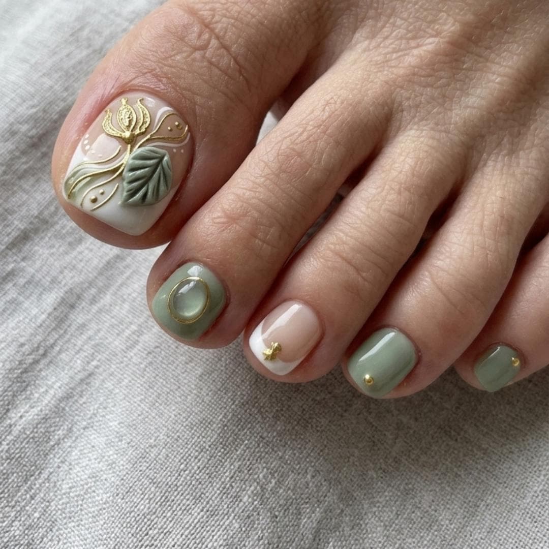 sage green, botanical toe nails, press on nails, custom press on nails, fake nails, Nails Art, stained glass nails, gold press on nails, 3d press on nails, luxury press on nails, handmade press on nails
