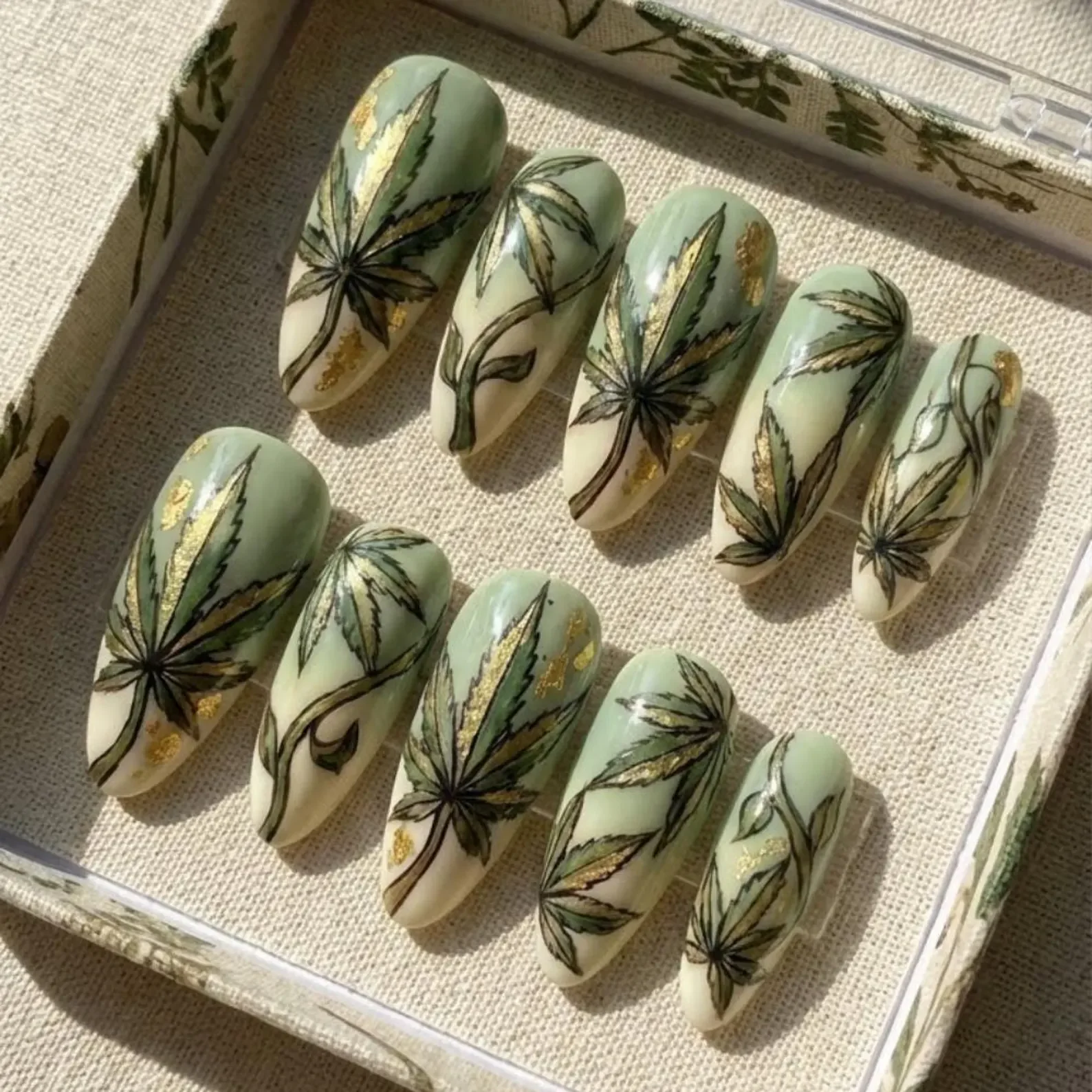 weed nail art, luxury botanical nails, press on nails, custom press on nails, fake nails, Nails Art, stained glass nails, gold press on nails, 3d press on nails, luxury press on nails, handmade press on nails