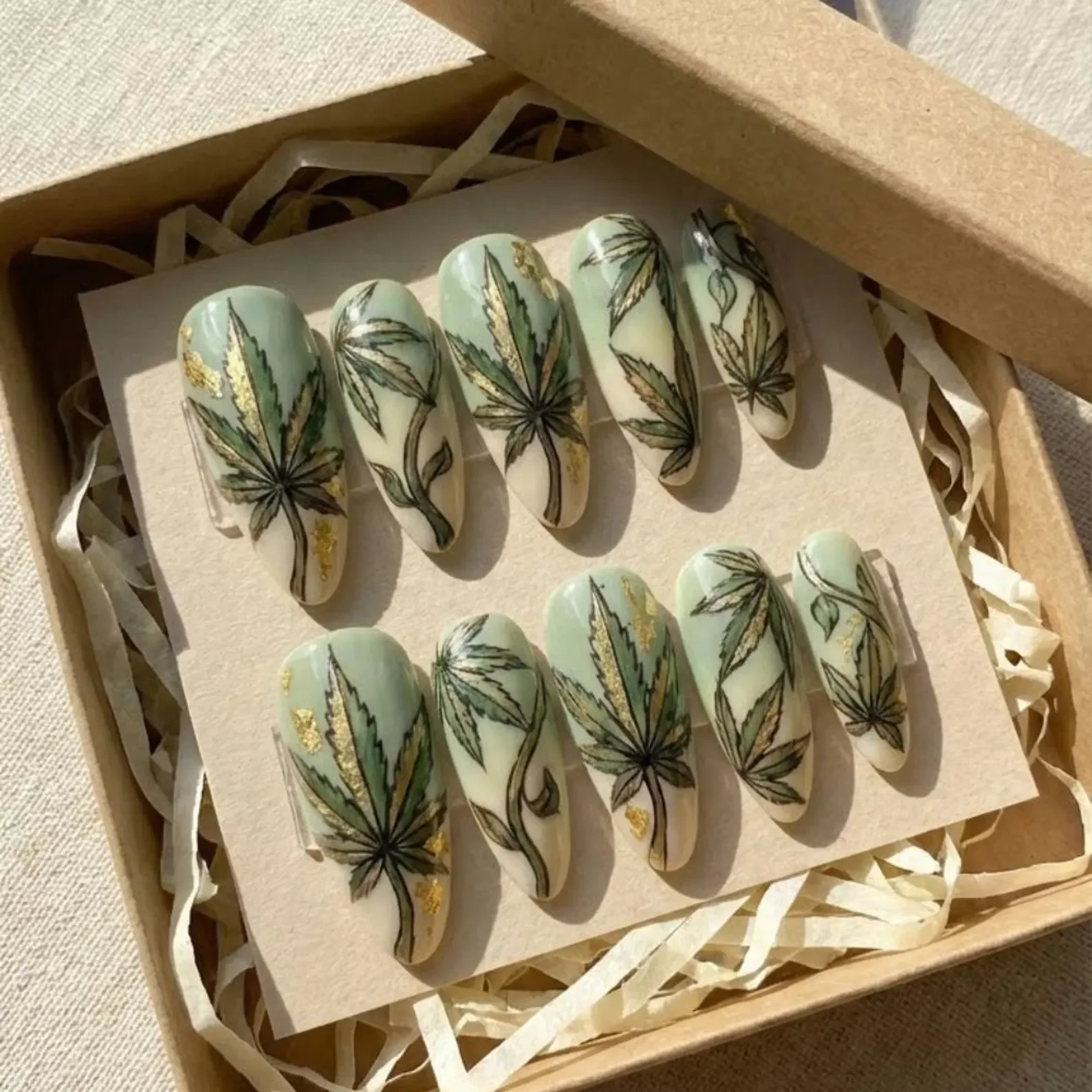 sage green nails, cannabis leaf nails, press on nails, custom press on nails, fake nails, Nails Art, stained glass nails, gold press on nails, 3d press on nails, luxury press on nails, handmade press on nails