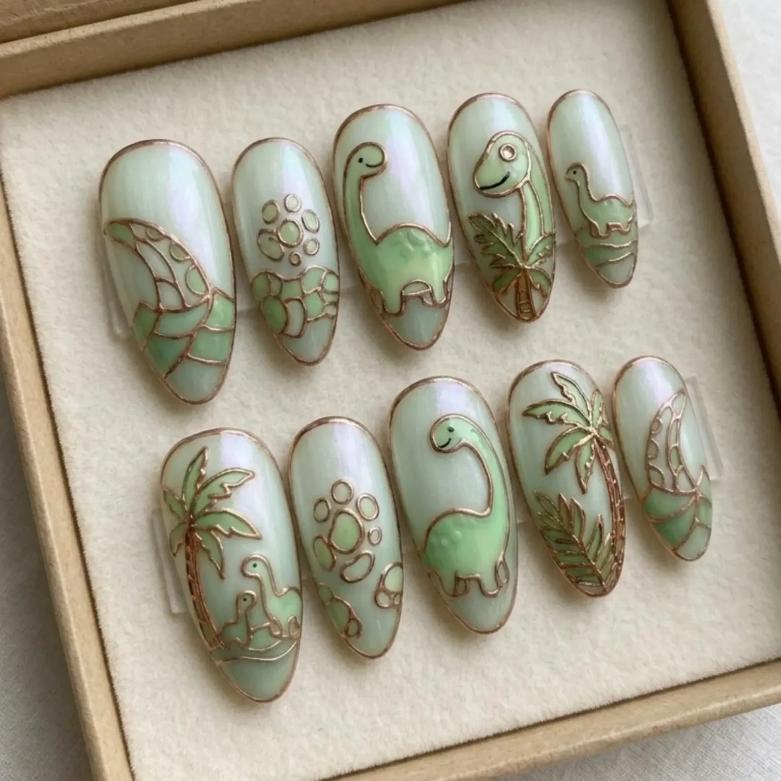 dinosaur nail art, press on nails, custom press on nails, fake nails, Nails Art, stained glass nails, gold press on nails, 3d press on nails, luxury press on nails, handmade press on nails