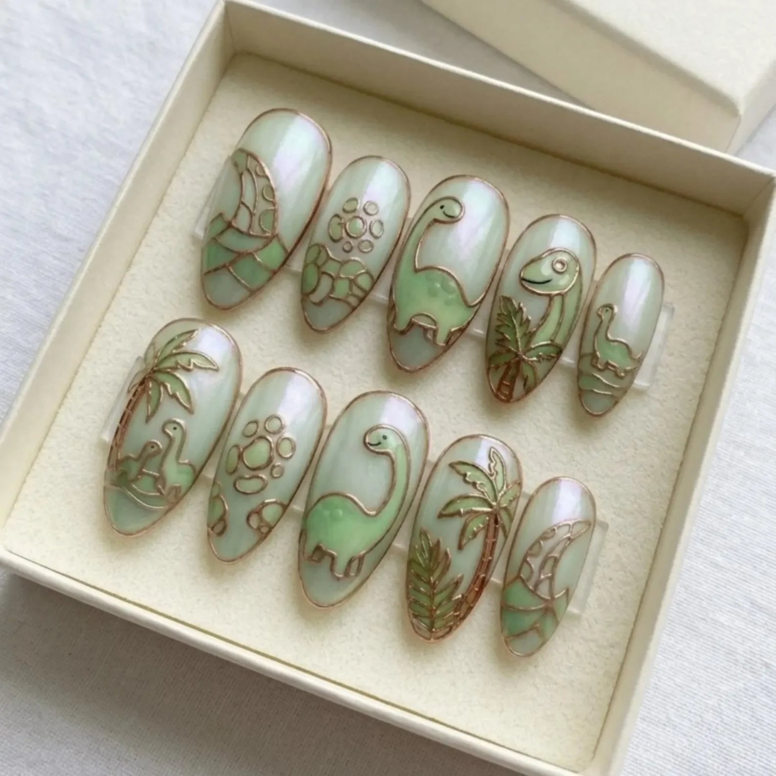 sage green nails, dinosaur press on, press on nails, custom press on nails, fake nails, Nails Art, stained glass nails, gold press on nails, 3d press on nails, luxury press on nails, handmade press on nails