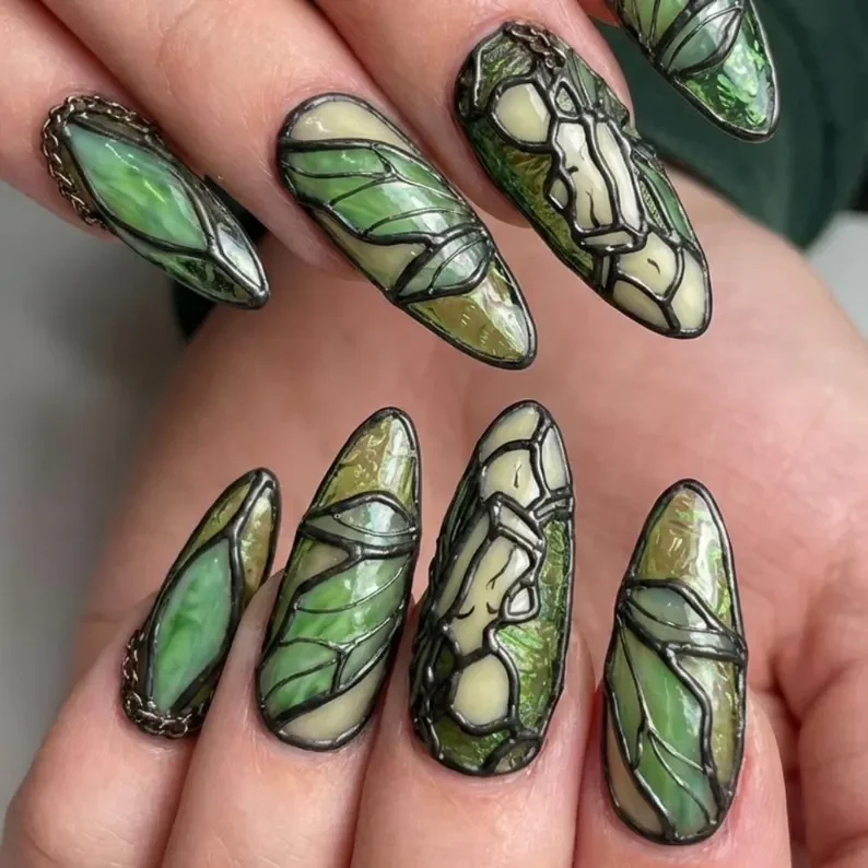 sage green nails, fairycore press ons, press on nails, custom press on nails, fake nails, Nails Art, stained glass nails, gold press on nails, 3d press on nails, luxury press on nails, handmade press on nails
