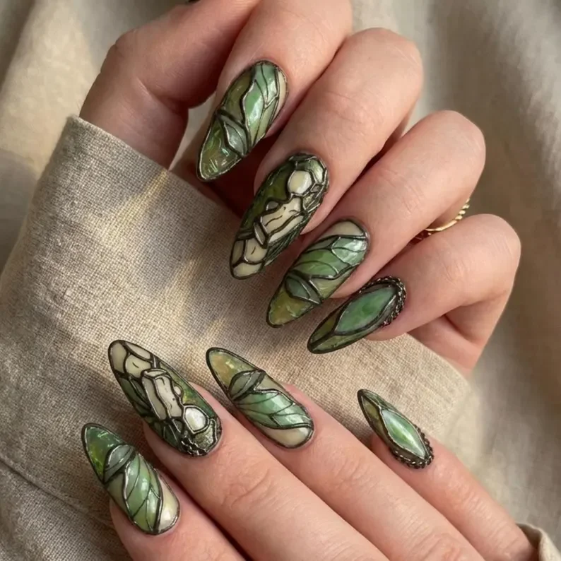 botanical crystal design, press on nail set, press on nails, custom press on nails, fake nails, Nails Art, stained glass nails, gold press on nails, 3d press on nails, luxury press on nails, handmade press on nails