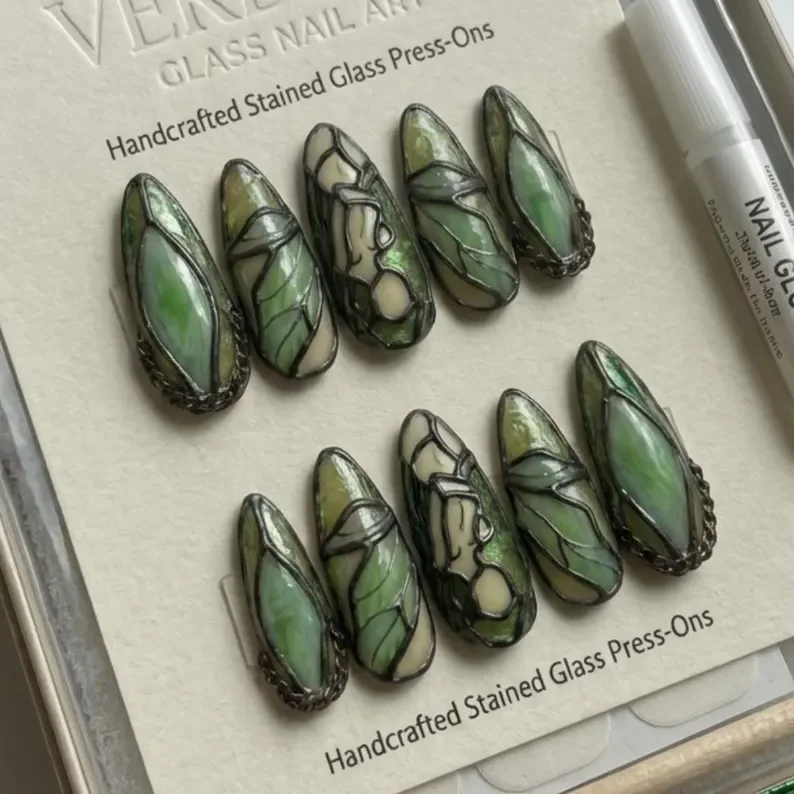 sage green nails, fairycore press ons, press on nails, custom press on nails, fake nails, Nails Art, stained glass nails, gold press on nails, 3d press on nails, luxury press on nails, handmade press on nails