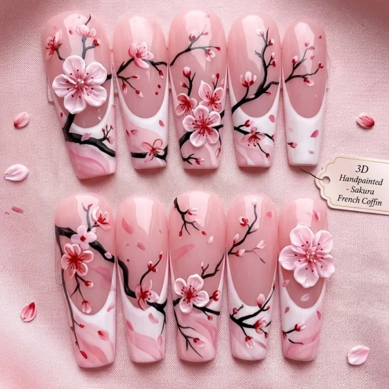 press on coffin, sakura blossom, press on nails, custom press on nails, fake nails, Nails Art, stained glass nails, gold press on nails, 3d press on nails, luxury press on nails, handmade press on nails