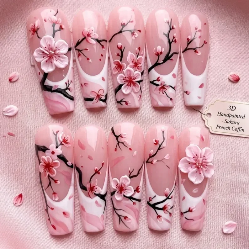 sakura blossom, hand-painted 3d, press on nails, custom press on nails, fake nails, Nails Art, stained glass nails, gold press on nails, 3d press on nails, luxury press on nails, handmade press on nails