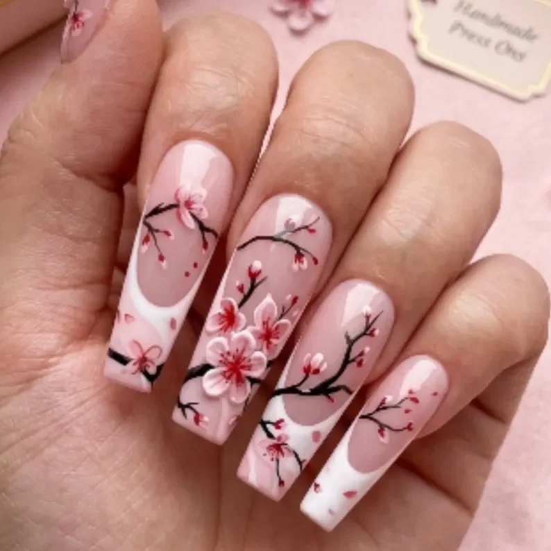 cherry blossom nails, press on nails, custom press on nails, fake nails, Nails Art, stained glass nails, gold press on nails, 3d press on nails, luxury press on nails, handmade press on nails
