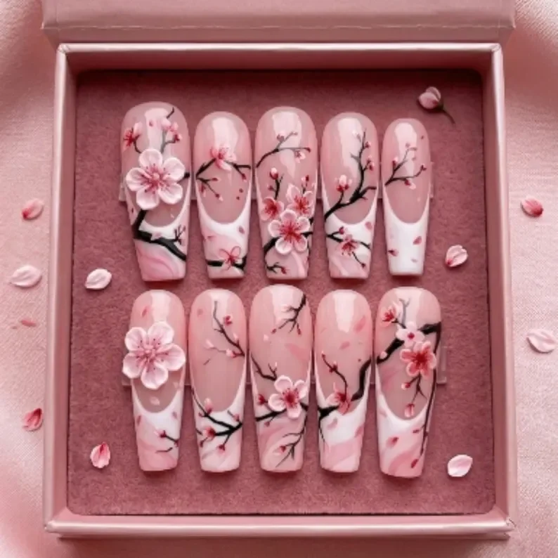 coffin shape, pink french tip, press on nails, custom press on nails, fake nails, Nails Art, stained glass nails, gold press on nails, 3d press on nails, luxury press on nails, handmade press on nails