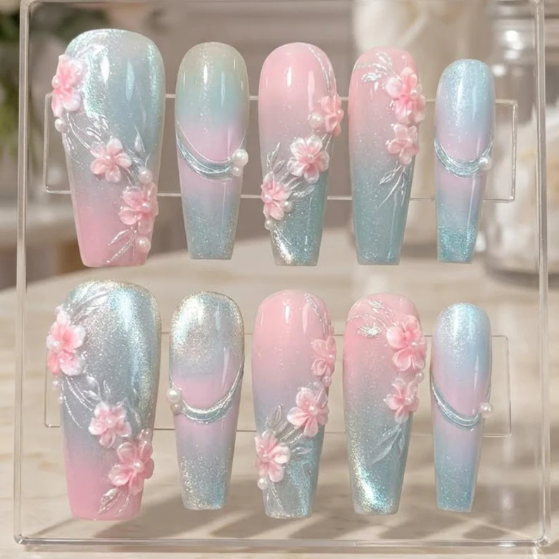Ombre nail design, Pink silver nails, press on nails, custom press on nails, fake nails, Nails Art, stained glass nails, gold press on nails, 3d press on nails, luxury press on nails, handmade press on nails
