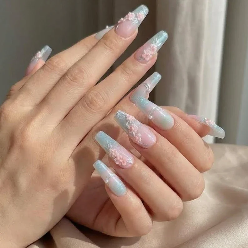 Cat eye press ons, 3D cherry blossom, press on nails, custom press on nails, fake nails, Nails Art, stained glass nails, gold press on nails, 3d press on nails, luxury press on nails, handmade press on nails