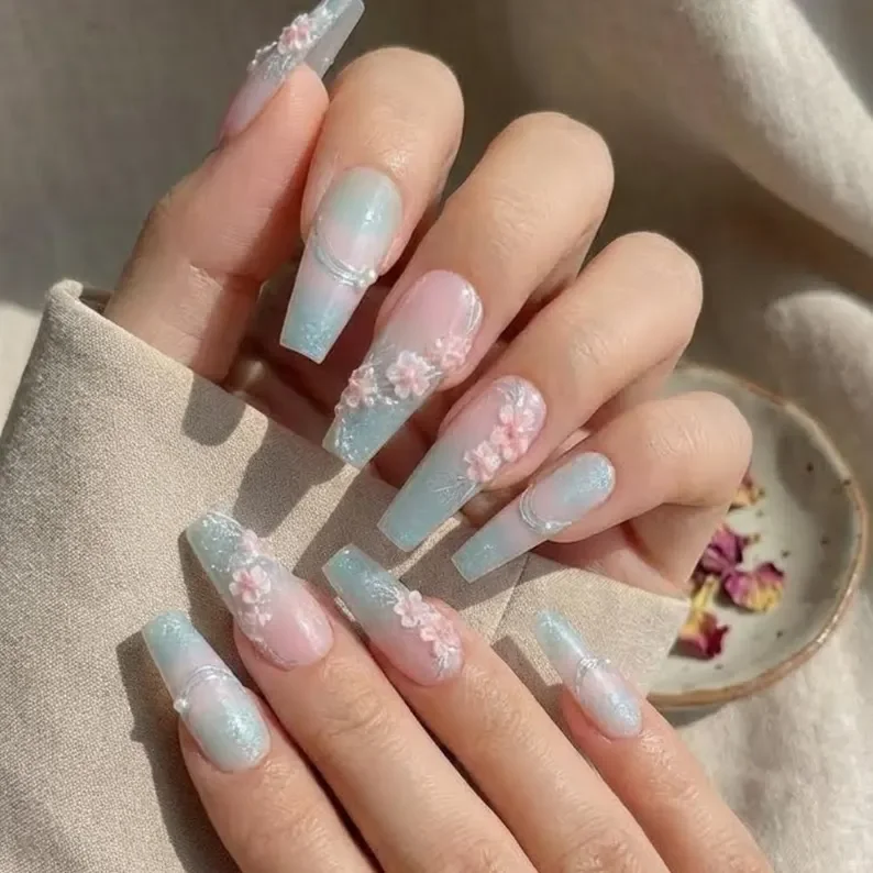 Cherry blossom nail art, Pink silver ombre, press on nails, custom press on nails, fake nails, Nails Art, stained glass nails, gold press on nails, 3d press on nails, luxury press on nails, handmade press on nails