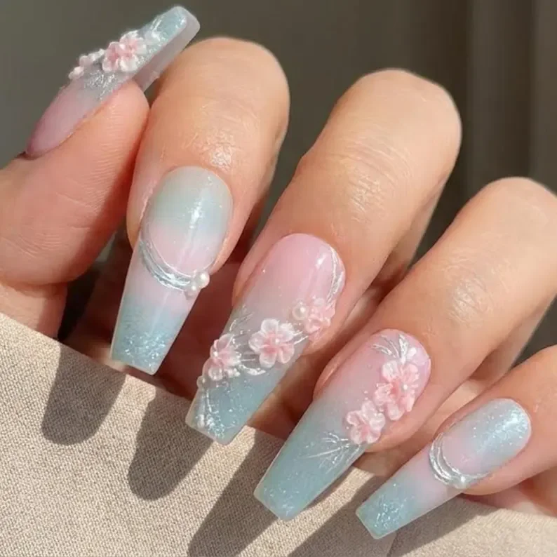Sakura cat eye nails, Press on nails, press on nails, custom press on nails, fake nails, Nails Art, stained glass nails, gold press on nails, 3d press on nails, luxury press on nails, handmade press on nails