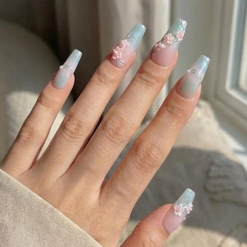 Cat eye press ons, 3D cherry blossom, press on nails, custom press on nails, fake nails, Nails Art, stained glass nails, gold press on nails, 3d press on nails, luxury press on nails, handmade press on nails