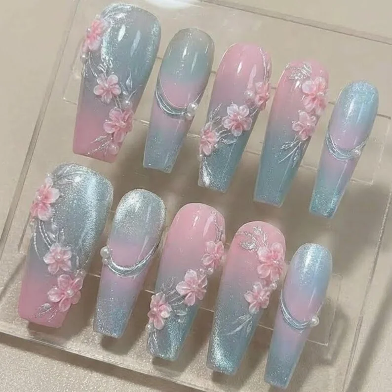 Cherry blossom nail art, Pink silver ombre, press on nails, custom press on nails, fake nails, Nails Art, stained glass nails, gold press on nails, 3d press on nails, luxury press on nails, handmade press on nails