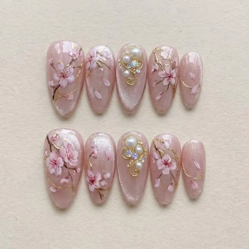 sakura cherry blossom, hand-painted press on, press on nails, custom press on nails, fake nails, Nails Art, stained glass nails, gold press on nails, 3d press on nails, luxury press on nails, handmade press on nails