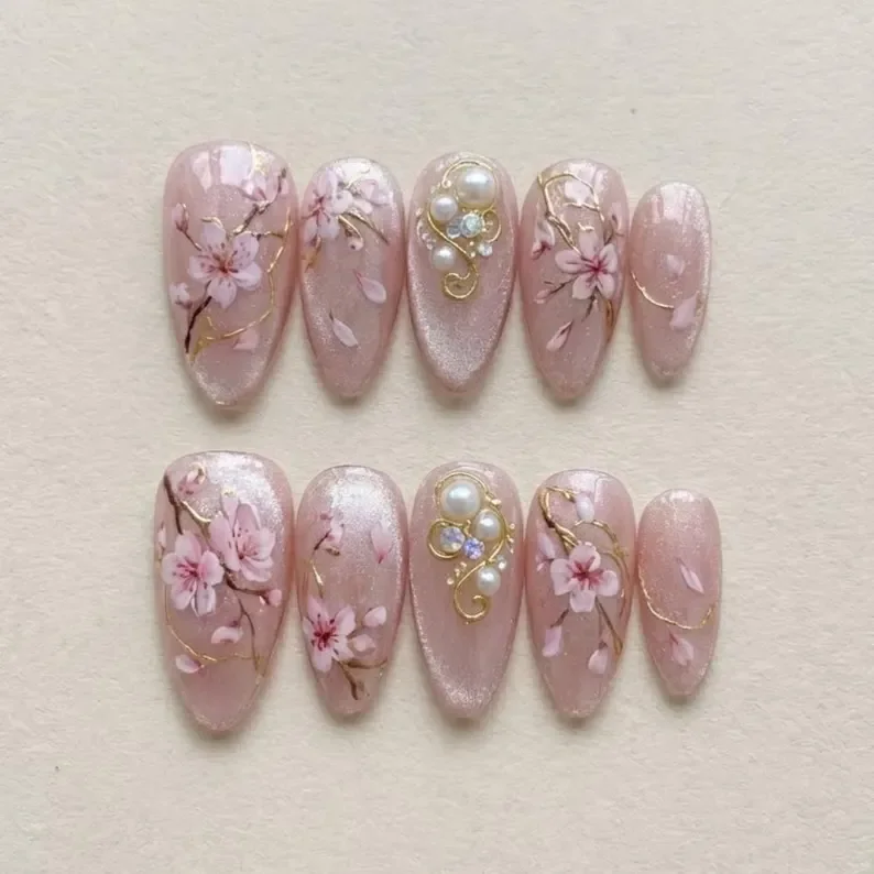 sakura cherry blossom, hand-painted press on, press on nails, custom press on nails, fake nails, Nails Art, stained glass nails, gold press on nails, 3d press on nails, luxury press on nails, handmade press on nails