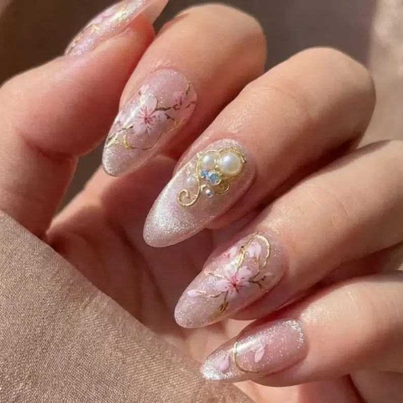 cherry blossom nails, pink press on nails, press on nails, custom press on nails, fake nails, Nails Art, stained glass nails, gold press on nails, 3d press on nails, luxury press on nails, handmade press on nails