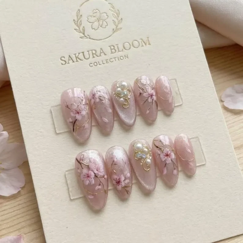 sakura cherry blossom, hand-painted press on, press on nails, custom press on nails, fake nails, Nails Art, stained glass nails, gold press on nails, 3d press on nails, luxury press on nails, handmade press on nails