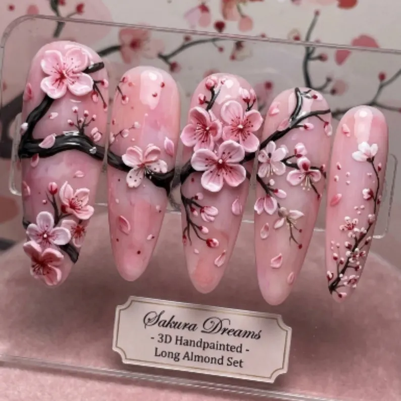 Cherry Blossom Nails, Press On Nails, press on nails, custom press on nails, fake nails, Nails Art, stained glass nails, gold press on nails, 3d press on nails, luxury press on nails, handmade press on nails
