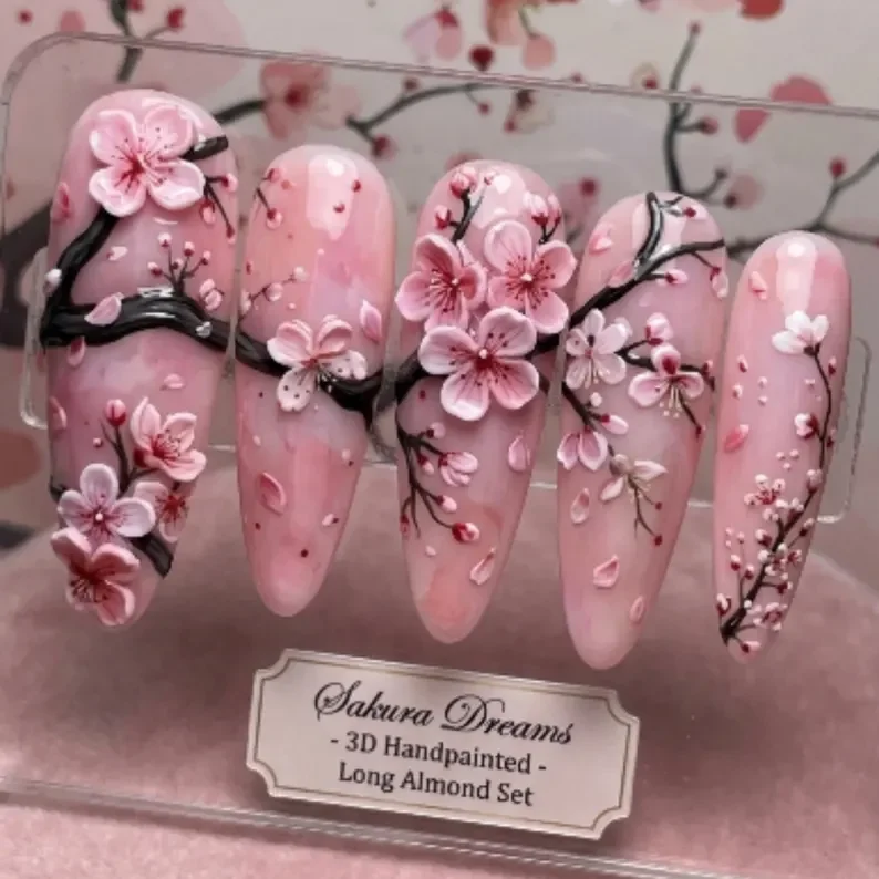 Sakura Dreams, Hand-Painted 3D, press on nails, custom press on nails, fake nails, Nails Art, stained glass nails, gold press on nails, 3d press on nails, luxury press on nails, handmade press on nails