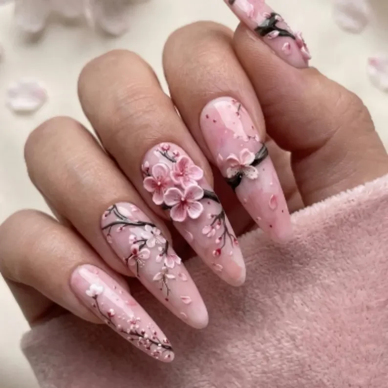 Cherry Blossom Nails, Press On Nails, press on nails, custom press on nails, fake nails, Nails Art, stained glass nails, gold press on nails, 3d press on nails, luxury press on nails, handmade press on nails