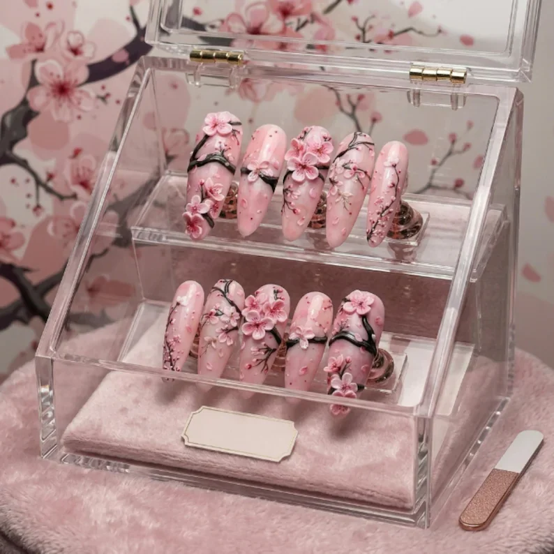Sakura Dreams, Hand-Painted 3D, press on nails, custom press on nails, fake nails, Nails Art, stained glass nails, gold press on nails, 3d press on nails, luxury press on nails, handmade press on nails