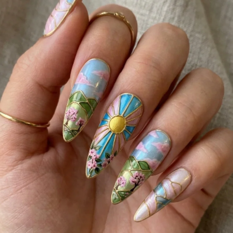 hand-painted nails, stained glass nails, press on nails, custom press on nails, fake nails, Nails Art, gold press on nails, 3d press on nails, luxury press on nails, handmade press on nails