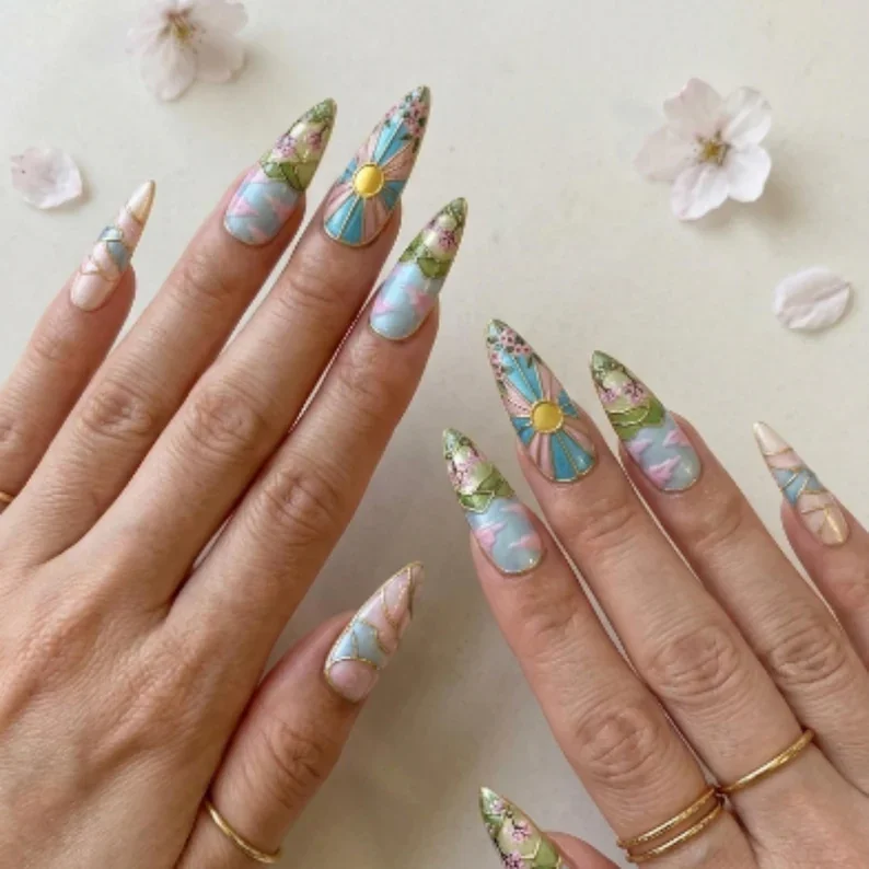 stained glass nails, press on nails, custom press on nails, fake nails, Nails Art, gold press on nails, 3d press on nails, luxury press on nails, handmade press on nails
