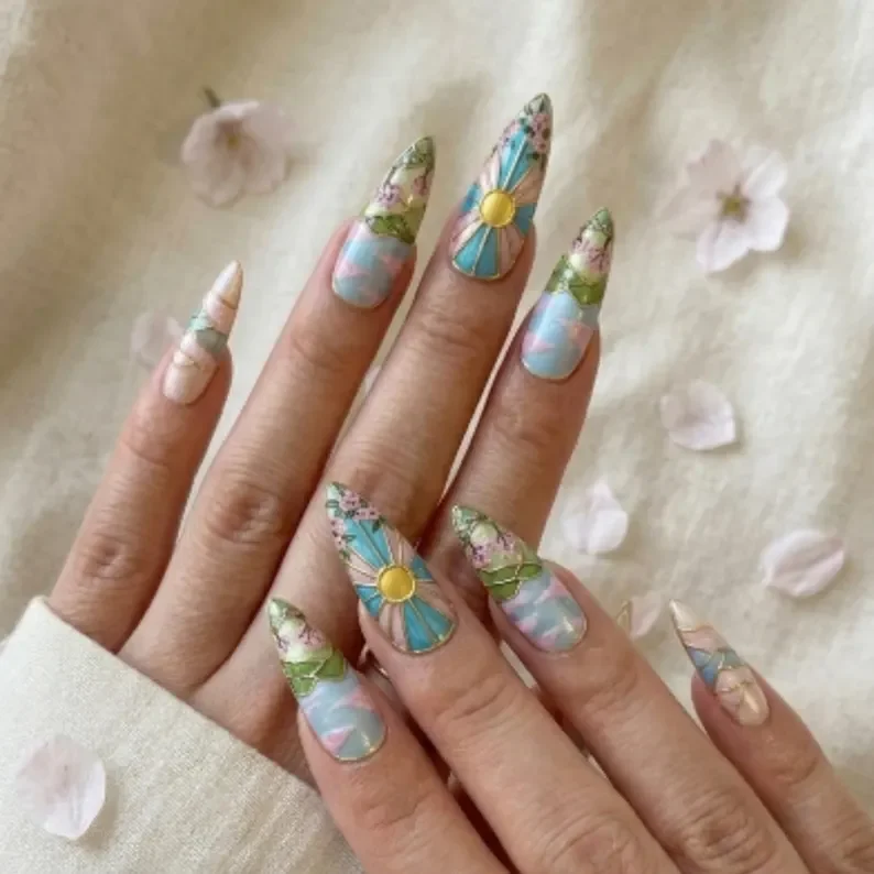 3d gold design, cherry blossom art, press on nails, custom press on nails, fake nails, Nails Art, stained glass nails, gold press on nails, 3d press on nails, luxury press on nails, handmade press on nails