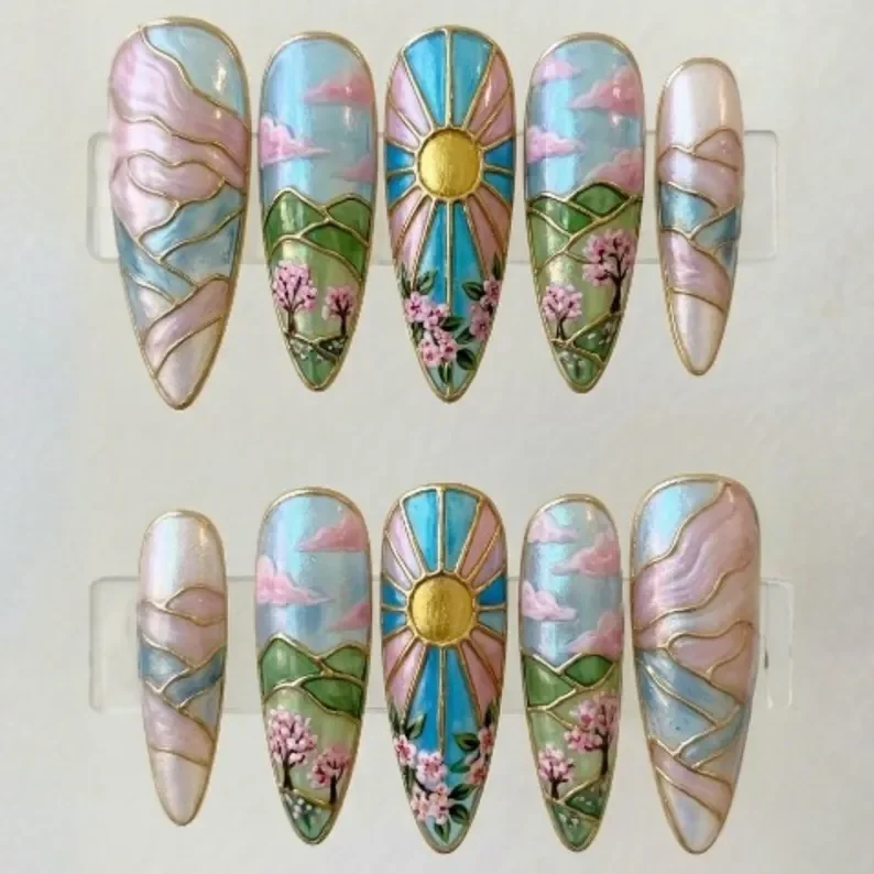 gold landscape, 3d nail art, press on nails, custom press on nails, fake nails, Nails Art, stained glass nails, gold press on nails, 3d press on nails, luxury press on nails, handmade press on nails