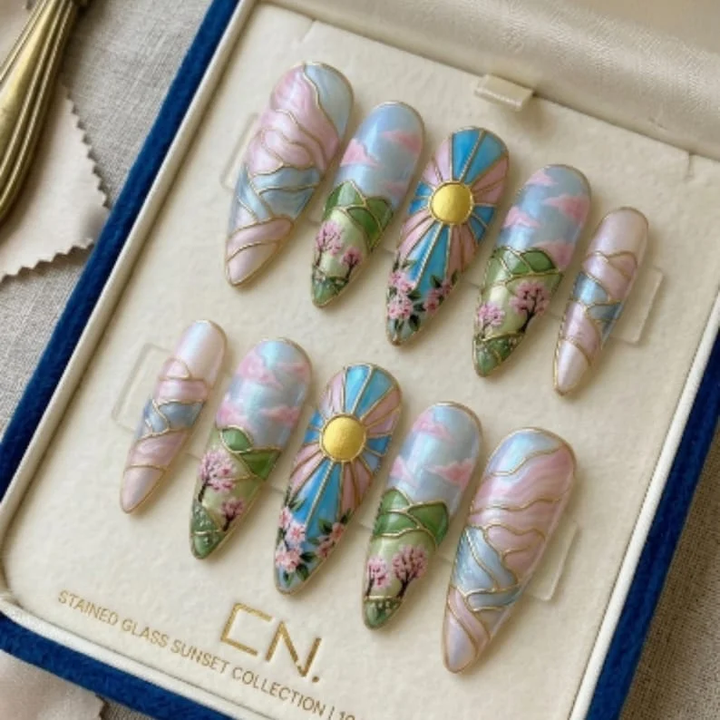 press on manicure, sakura sunrise, press on nails, custom press on nails, fake nails, Nails Art, stained glass nails, gold press on nails, 3d press on nails, luxury press on nails, handmade press on nails