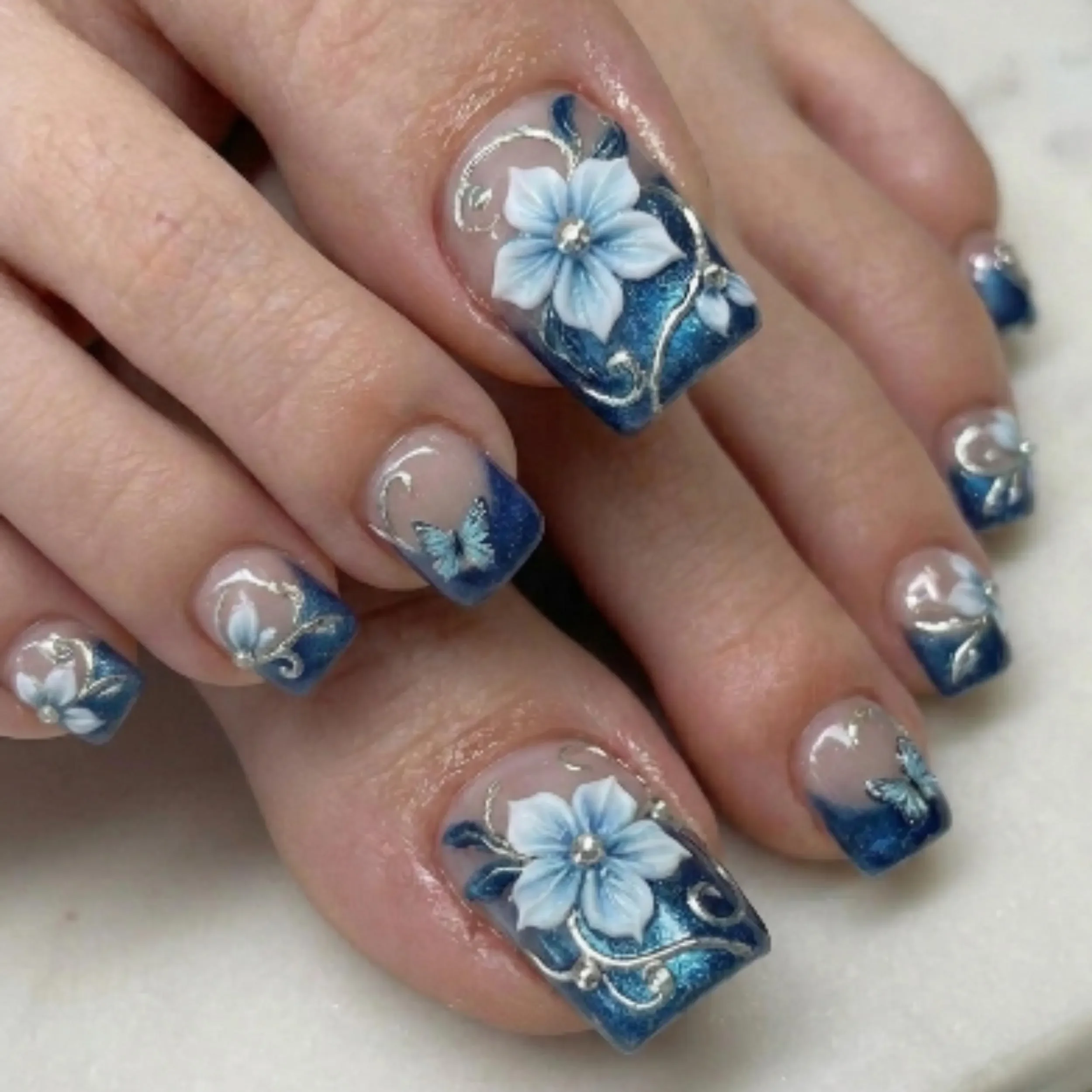 butterfly press-ons, deep blue cat-eye, press on nails, custom press on nails, fake nails, Nails Art, stained glass nails, gold press on nails, 3d press on nails, luxury press on nails, handmade press on nails