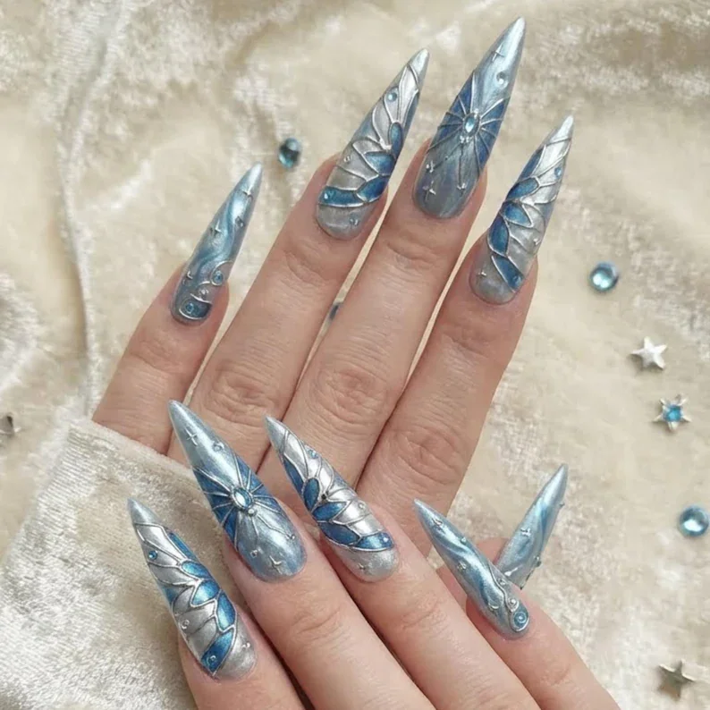 sapphire wings, stained glass nails, press on nails, custom press on nails, fake nails, Nails Art, gold press on nails, 3d press on nails, luxury press on nails, handmade press on nails
